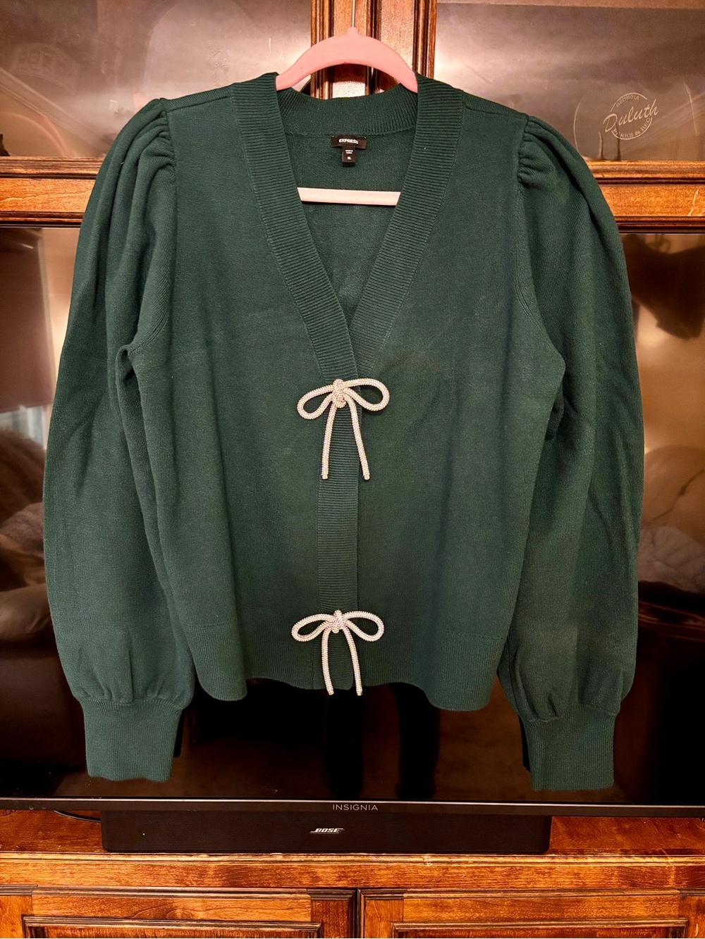 Dark Green Puff-Sleeve Cardigan with Silver Bow Ties